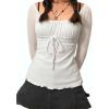 EMMIOL Y2K Mesh Top Women Long Sleeve Shirts Scoop Neck Ruffle Hem Babydoll Blouse Grunge Top(White)