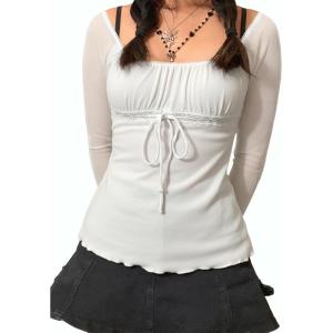 EMMIOL Y2K Mesh Top Women Long Sleeve Shirts Scoop Neck Ruffle Hem Babydoll Blouse Grunge Top(White)