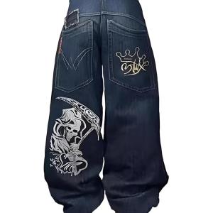 EMMIOL Women Y2k Baggy Jeans Wide Leg Vintage Denim Pants Gothic Mid High Waisted Trousers Trendy(Blue)