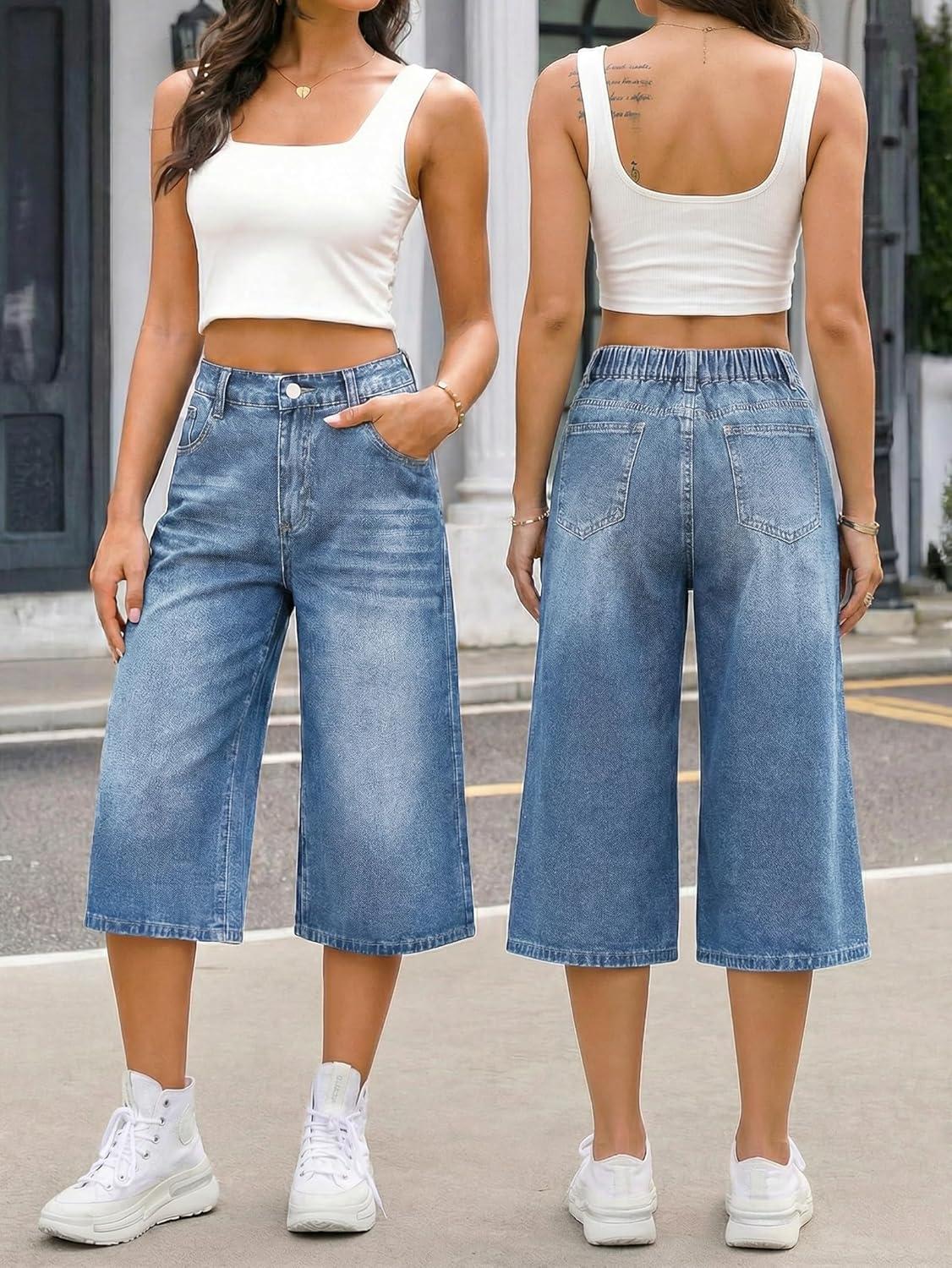 image:imageEMMIOL Long Baggy Denim Jorts for Women High Waisted Bermuda Y2k Jean Shorts Wide Leg Casual Streetwear Summer ShortsBlue