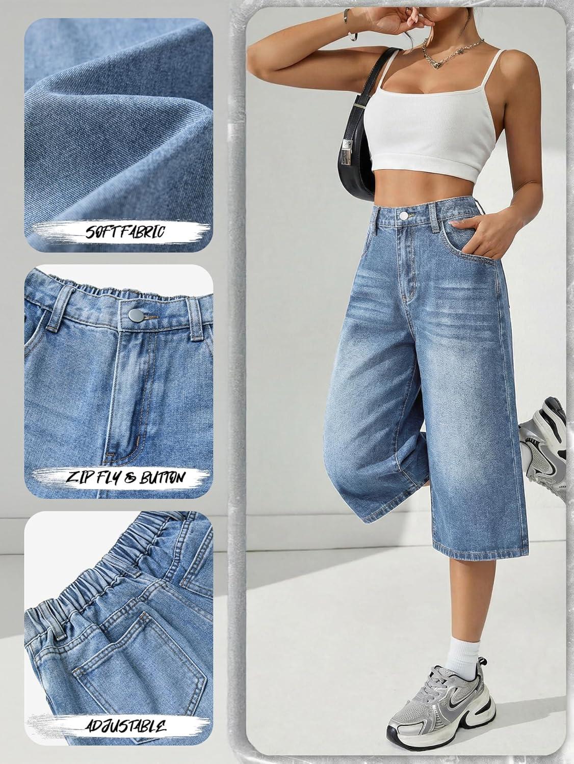image:imageEMMIOL Long Baggy Denim Jorts for Women High Waisted Bermuda Y2k Jean Shorts Wide Leg Casual Streetwear Summer ShortsBlue