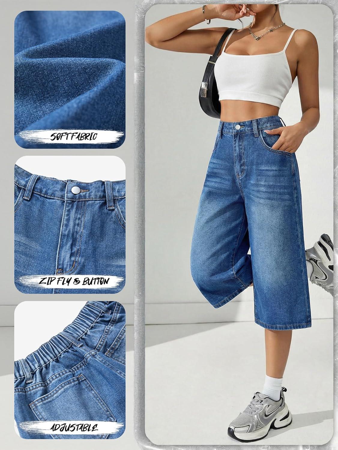 image:imageEMMIOL Long Baggy Denim Jorts for Women High Waisted Bermuda Y2k Jean Shorts Wide Leg Casual Streetwear Summer ShortsMid Blue