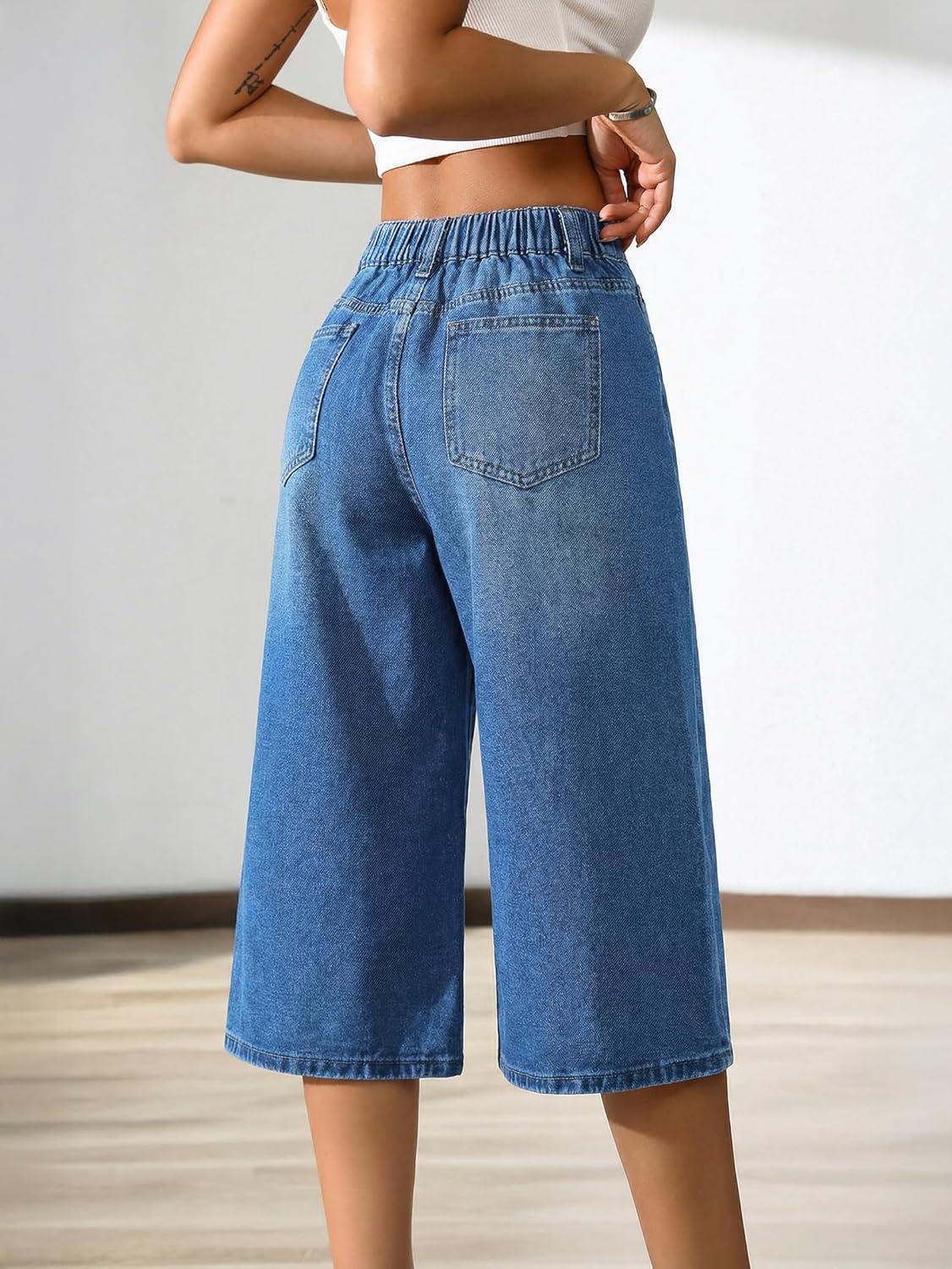 image:imageEMMIOL Long Baggy Denim Jorts for Women High Waisted Bermuda Y2k Jean Shorts Wide Leg Casual Streetwear Summer ShortsMid Blue