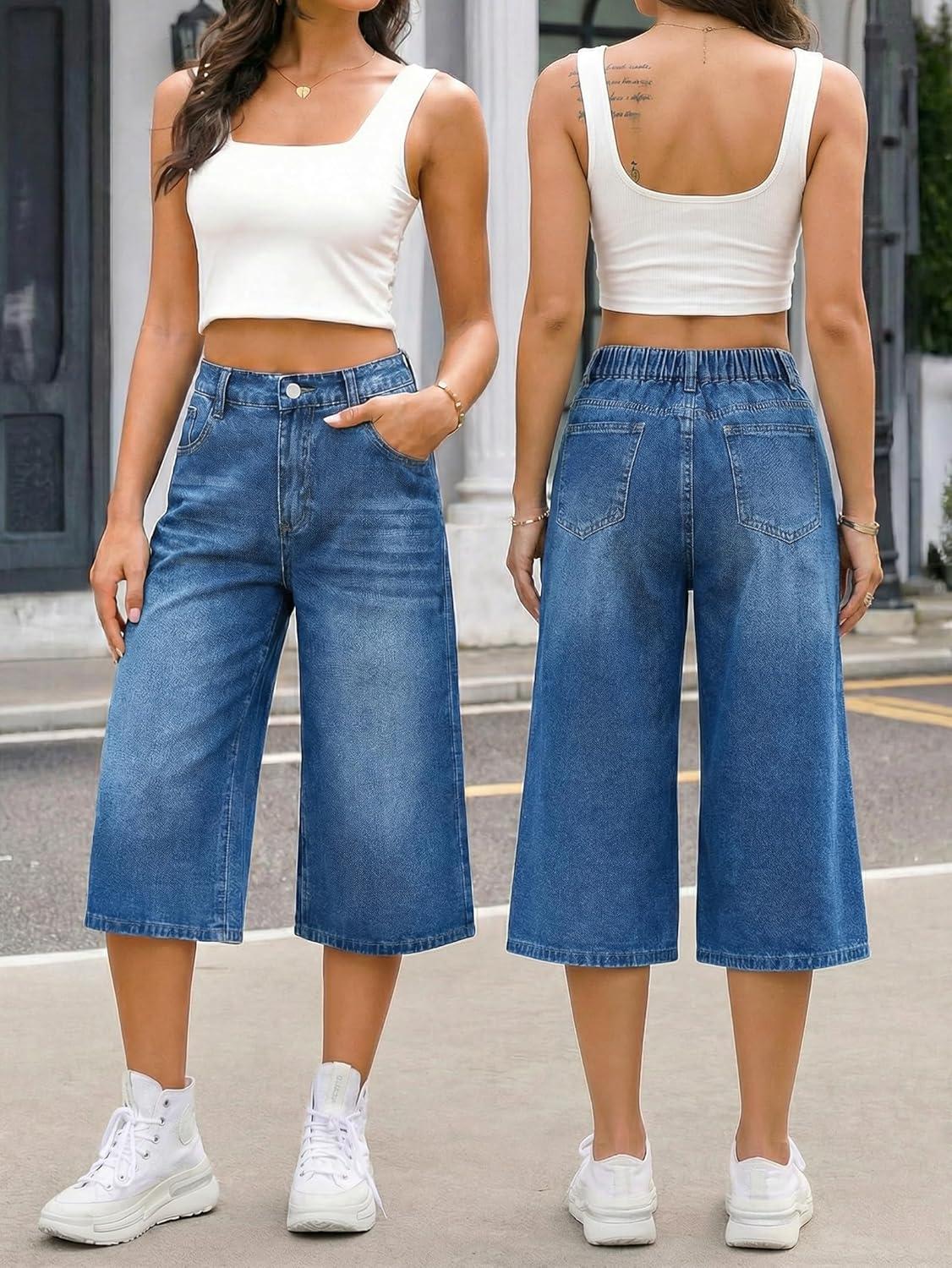 image:imageEMMIOL Long Baggy Denim Jorts for Women High Waisted Bermuda Y2k Jean Shorts Wide Leg Casual Streetwear Summer ShortsMid Blue