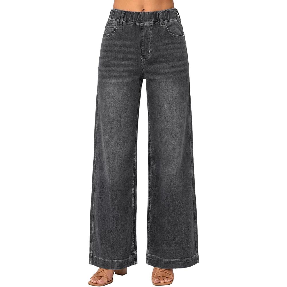 image:imageEMMIOL Wide Leg Jeans for Women Stretchy High Waisted Pull On Jeans Baggy Trendy Elastic Straight Denim PantsBlack