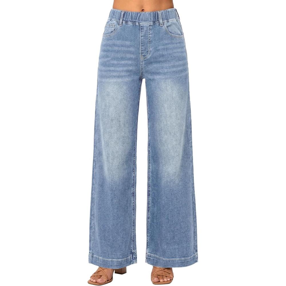 image:imageEMMIOL Wide Leg Jeans for Women Stretchy High Waisted Pull On Jeans Baggy Trendy Elastic Straight Denim PantsLight Blue