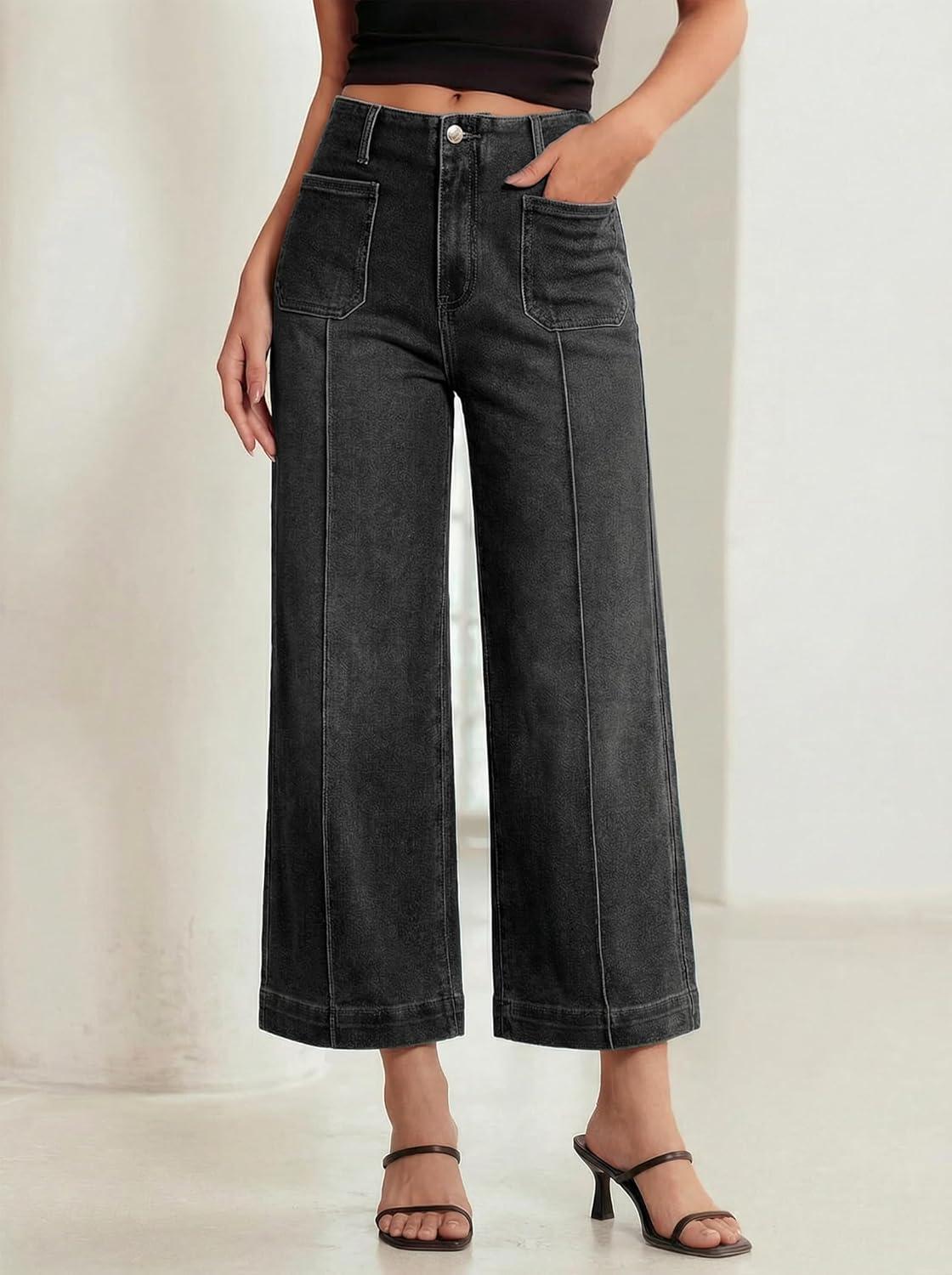 image:imageEMMIOL Womens Wide Leg Jeans High Waisted Trendy Front Seamed Baggy Jeans Vintage Denim Pants with PocketsBlack