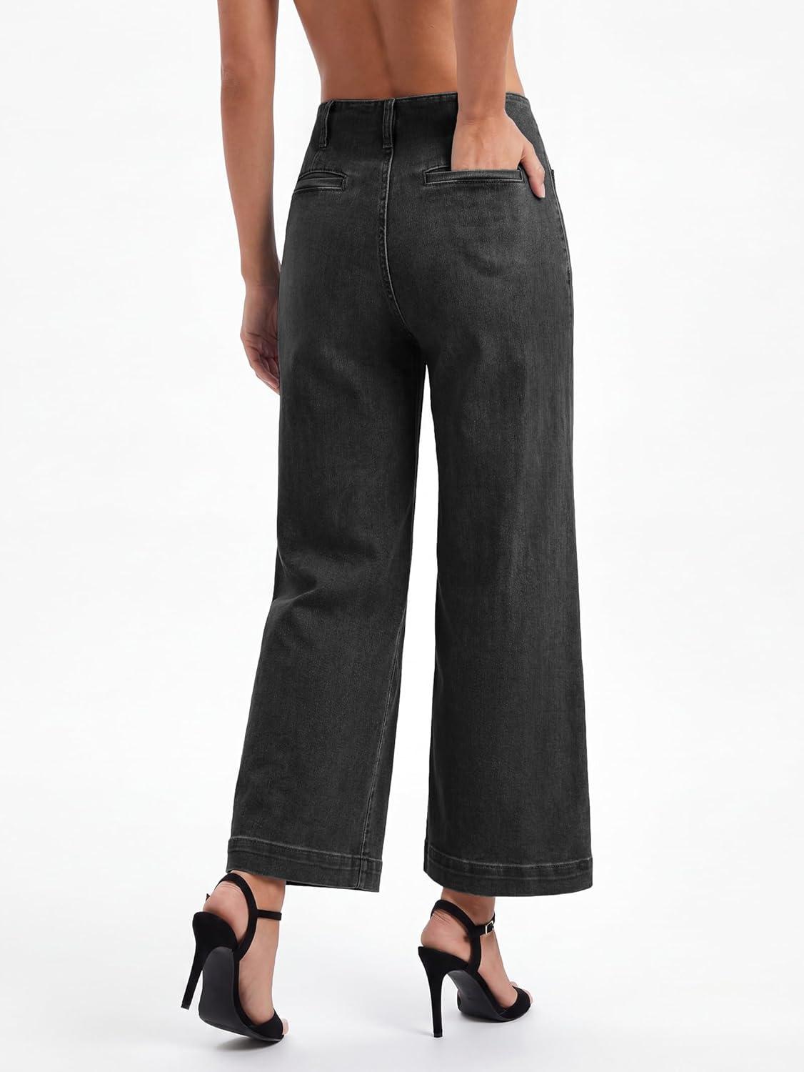 image:imageEMMIOL Womens Wide Leg Jeans High Waisted Trendy Front Seamed Baggy Jeans Vintage Denim Pants with PocketsBlack