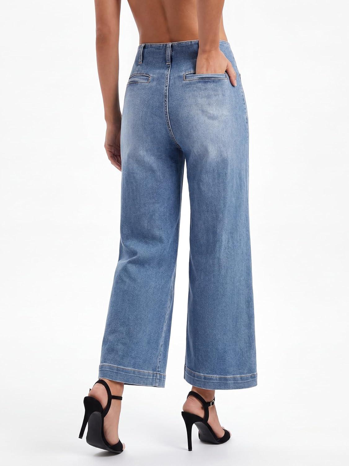 image:imageEMMIOL Womens Wide Leg Jeans High Waisted Trendy Front Seamed Baggy Jeans Vintage Denim Pants with PocketsLight Blue