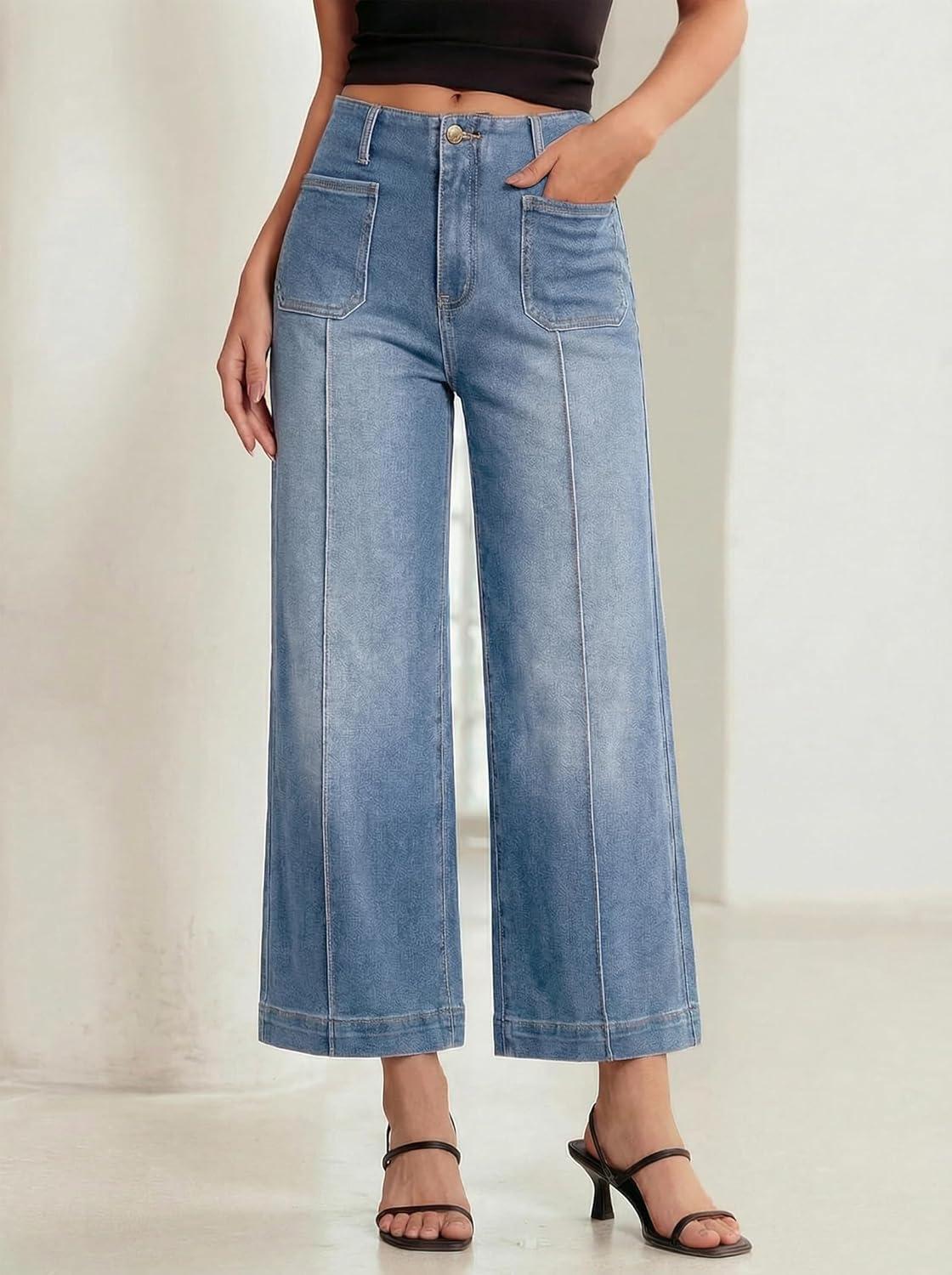 image:imageEMMIOL Womens Wide Leg Jeans High Waisted Trendy Front Seamed Baggy Jeans Vintage Denim Pants with PocketsLight Blue