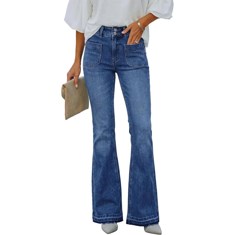 image:imageEMMIOL Flare Jeans for Women Mid High Waisted Tummy Control Pants 2026 Front Pockets Bootcut Denim JeansDark Blue
