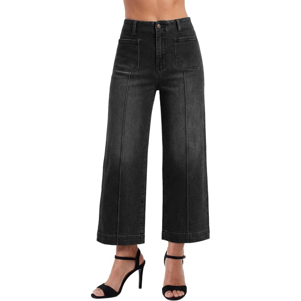 image:imageEMMIOL Womens Wide Leg Jeans High Waisted Trendy Front Seamed Baggy Jeans Vintage Denim Pants with PocketsBlack