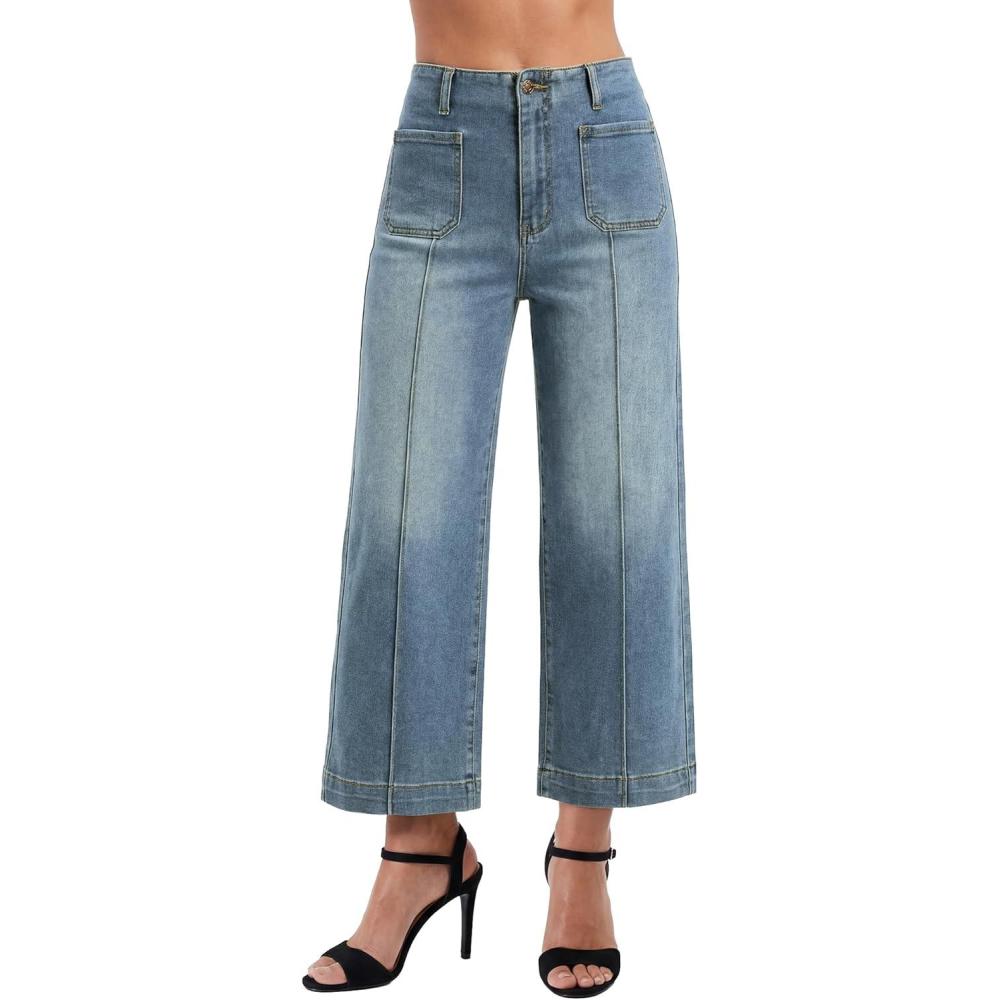 image:imageEMMIOL Womens Wide Leg Jeans High Waisted Trendy Front Seamed Baggy Jeans Vintage Denim Pants with PocketsVintage Blue
