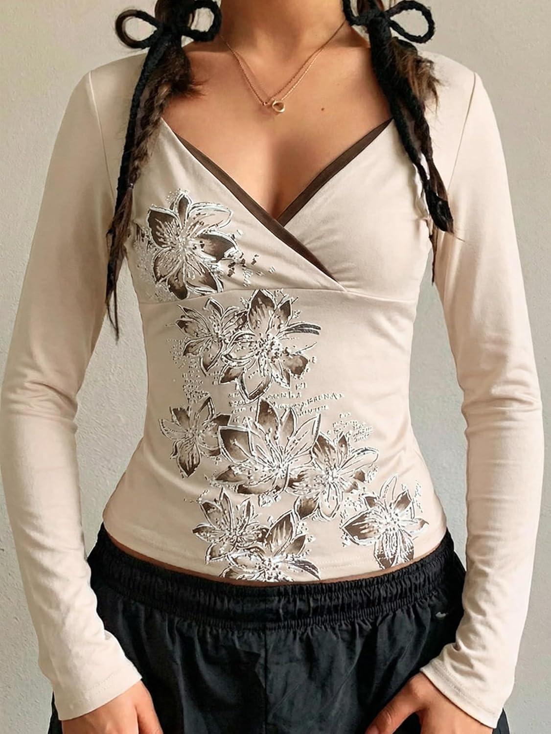 image:imageEMMIOL Y2k Fairy Grunge Short Sleeve Shirts For Women  Vintage Cute Summer V Neck Crop Tops Emo Gothic Clothes Workout Tops318beige
