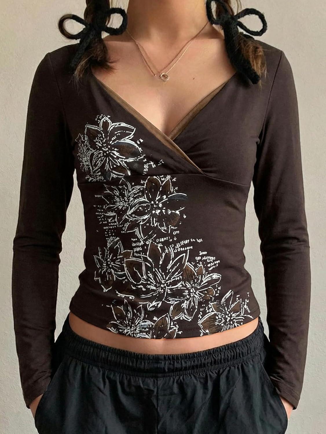 image:imageEMMIOL Y2k Fairy Grunge Short Sleeve Shirts For Women  Vintage Cute Summer V Neck Crop Tops Emo Gothic Clothes Workout Tops318dark Brown