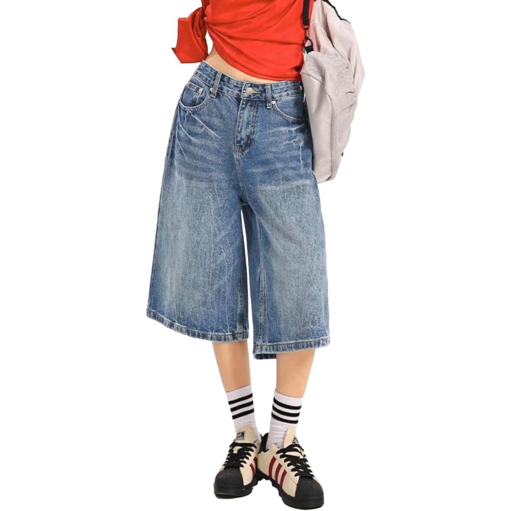 image:imageEMMIOL Machine Wash Y2K Jorts Women Wide Leg Baggy Long Jean Shorts Loose Fit Grunge Bermuda Denim PantsAb001blue