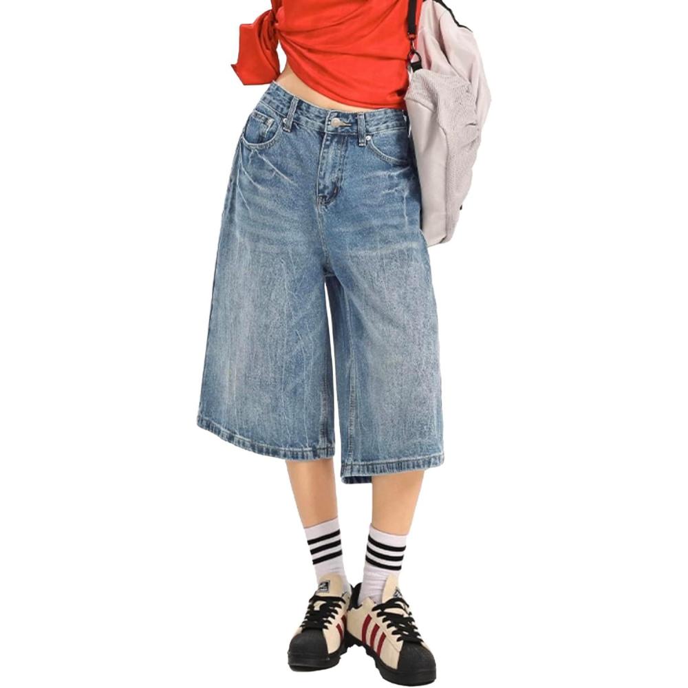 image:imageEMMIOL Machine Wash Y2K Jorts Women Wide Leg Baggy Long Jean Shorts Loose Fit Grunge Bermuda Denim PantsAb003blue