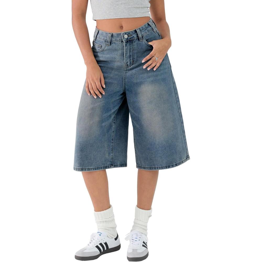 image:imageEMMIOL Machine Wash Y2K Jorts Women Wide Leg Baggy Long Jean Shorts Loose Fit Grunge Bermuda Denim PantsDenim Blue