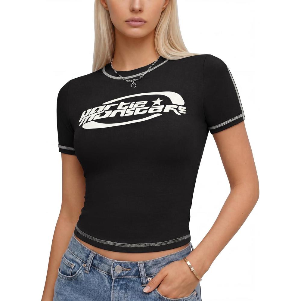 image:imageEMMIOL Y2k Fairy Grunge Short Sleeve Shirts For Women  Vintage Cute Summer V Neck Crop Tops Emo Gothic Clothes Workout TopsBlack