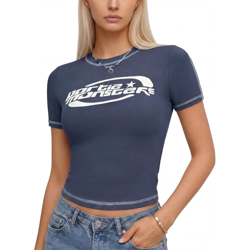 image:imageEMMIOL Y2k Fairy Grunge Short Sleeve Shirts For Women  Vintage Cute Summer V Neck Crop Tops Emo Gothic Clothes Workout TopsDark Blue