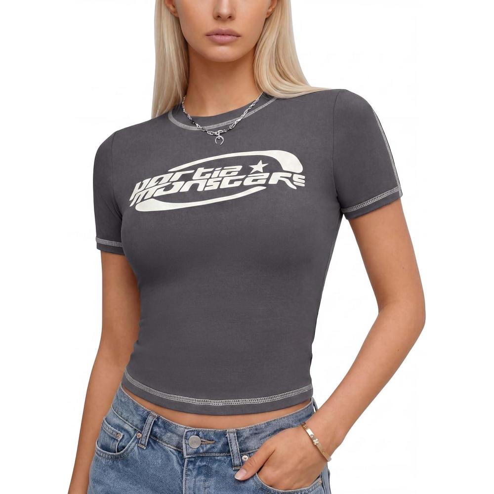 image:imageEMMIOL Y2k Fairy Grunge Short Sleeve Shirts For Women  Vintage Cute Summer V Neck Crop Tops Emo Gothic Clothes Workout TopsDark Grey