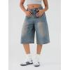 EMMIOL Machine Wash Y2K Jorts Women Wide Leg Baggy Long Jean Shorts Loose Fit Grunge Bermuda Denim Pants(Dark Blue)
