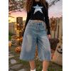 EMMIOL Machine Wash Y2K Jorts Women Wide Leg Baggy Long Jean Shorts Loose Fit Grunge Bermuda Denim Pants(Dark Blue)