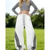 EMMIOL Women’s Y2K Baggy Barrel Striped Sweatpants, High Waisted Wide Leg Pants, Joggers with Drawstring Waist and Cuffs(White)