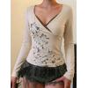 EMMIOL Y2k Fairy Grunge Short Sleeve Shirts For Women – Vintage Cute Summer V Neck Crop Tops Emo Gothic Clothes Workout Tops(318-beige)