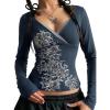 EMMIOL Y2k Fairy Grunge Short Sleeve Shirts For Women – Vintage Cute Summer V Neck Crop Tops Emo Gothic Clothes Workout Tops(318-navy Blue)