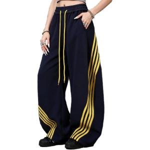 EMMIOL Women’s Y2K Baggy Barrel Striped Sweatpants, High Waisted Wide Leg Pants, Joggers with Drawstring Waist and Cuffs(Dark Blue)