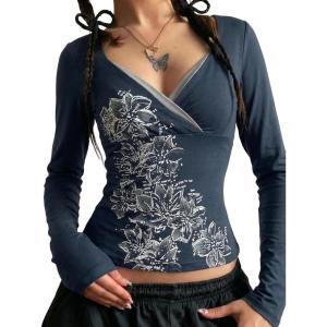 EMMIOL Y2k Fairy Grunge Short Sleeve Shirts For Women – Vintage Cute Summer V Neck Crop Tops Emo Gothic Clothes Workout Tops(318-navy Blue)