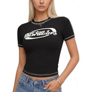 EMMIOL Y2k Fairy Grunge Short Sleeve Shirts For Women – Vintage Cute Summer V Neck Crop Tops Emo Gothic Clothes Workout Tops(Black)