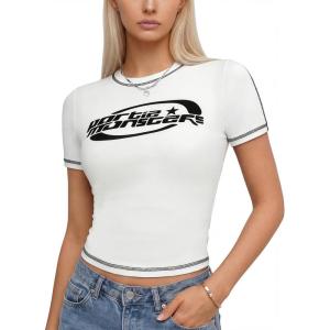 EMMIOL Y2k Fairy Grunge Short Sleeve Shirts For Women – Vintage Cute Summer V Neck Crop Tops Emo Gothic Clothes Workout Tops(White)