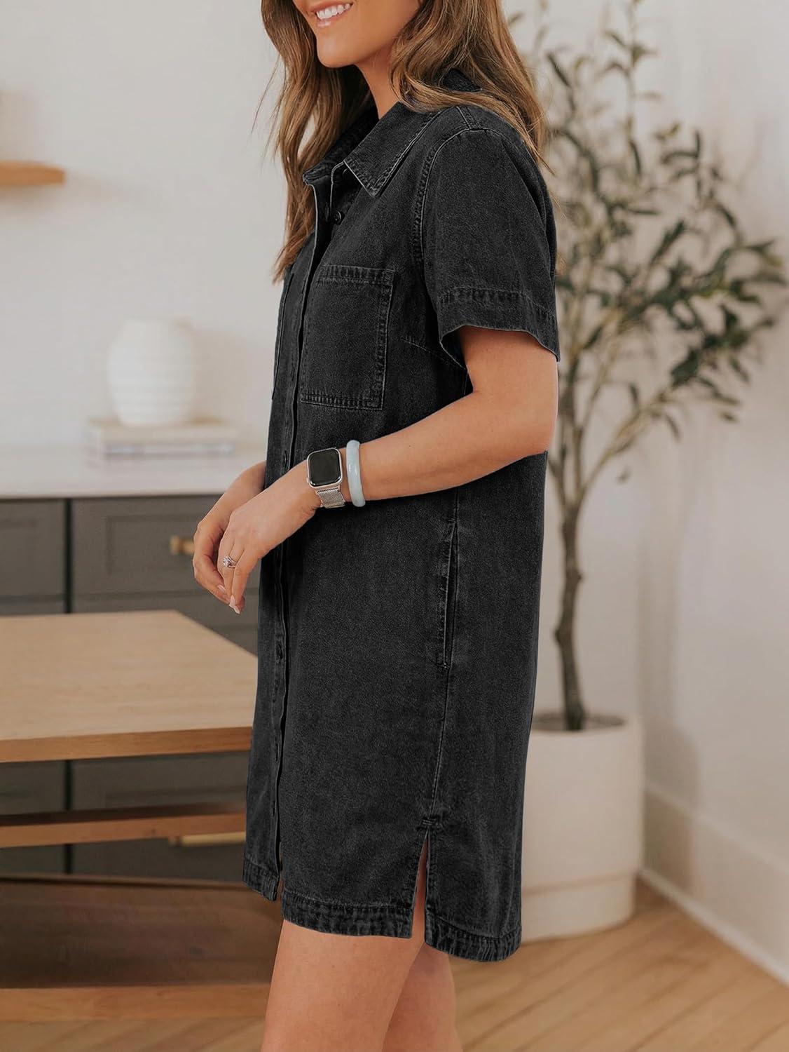image:imageEMMIOL Button Down Denim Dress for Women Short Sleeve Babydoll Mini Jean Shirt Dresses Summer Casual Trendy Outfits Black XS