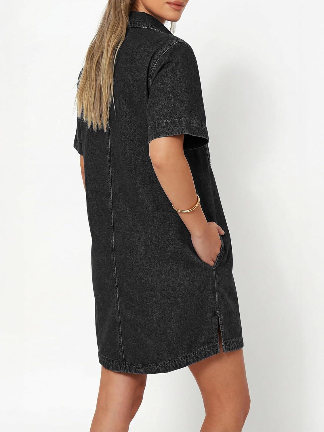 image:imageEMMIOL Button Down Denim Dress for Women Short Sleeve Babydoll Mini Jean Shirt Dresses Summer Casual Trendy Outfits Black XS