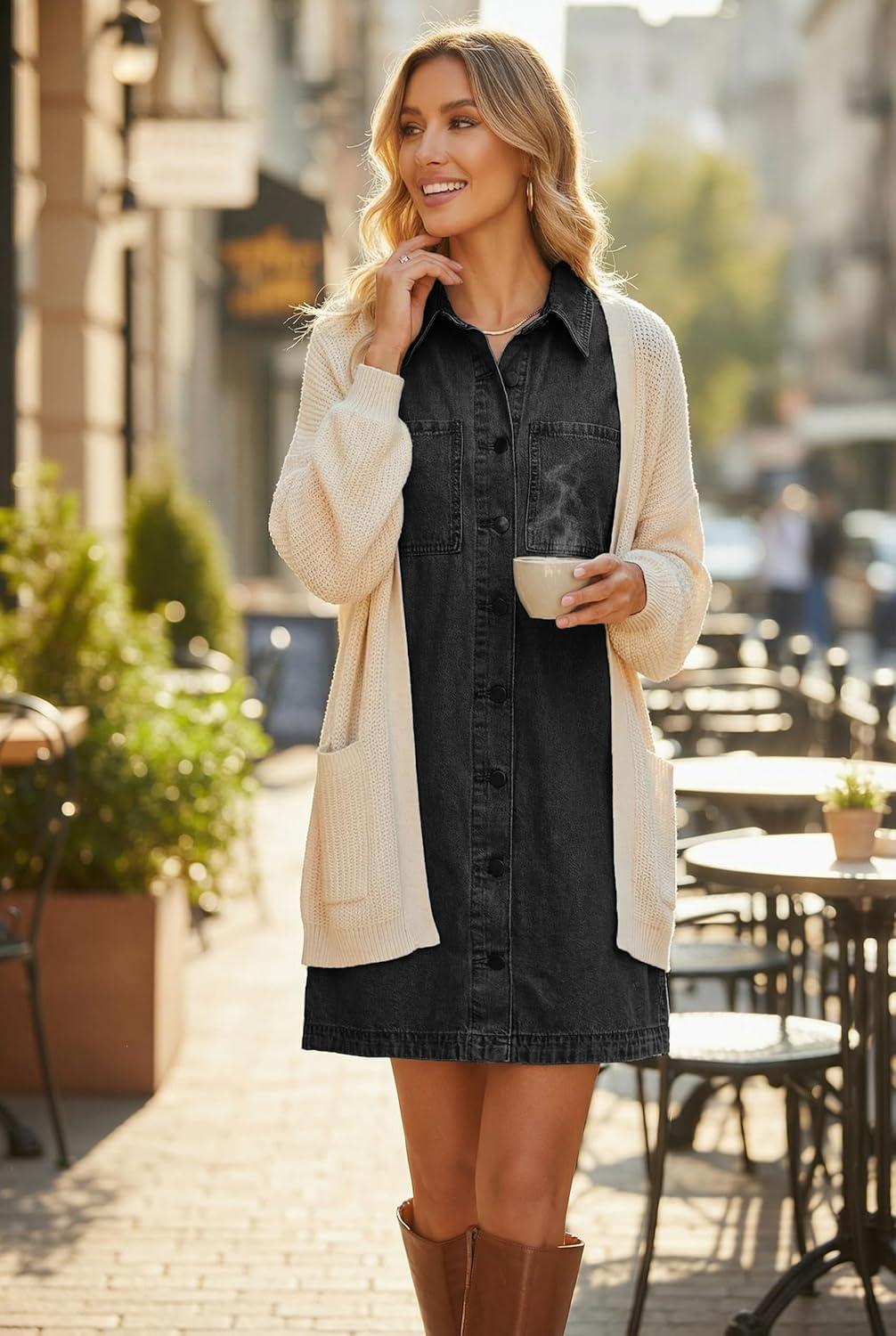 image:imageEMMIOL Button Down Denim Dress for Women Short Sleeve Babydoll Mini Jean Shirt Dresses Summer Casual Trendy Outfits Black XS