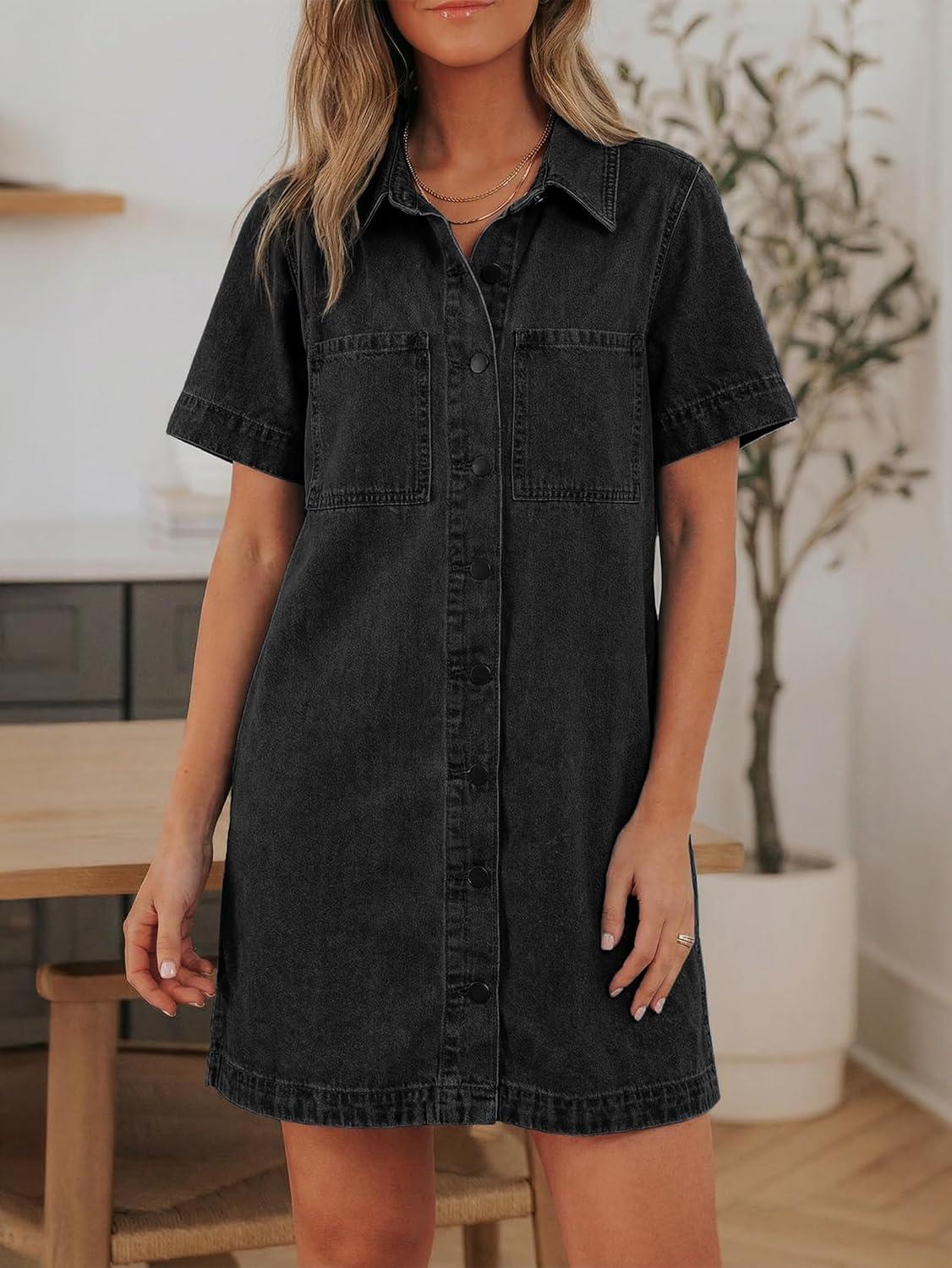 image:imageEMMIOL Button Down Denim Dress for Women Short Sleeve Babydoll Mini Jean Shirt Dresses Summer Casual Trendy Outfits Black XS