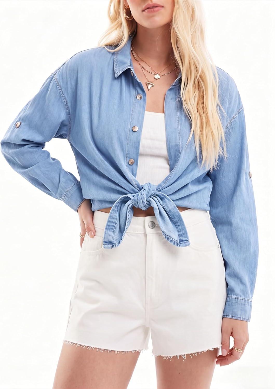 image:imageEMMIOL Denim Shirt Women Button Down Long Sleeve Denim Blouse 2026 Hidden Button Jean Shirt Oversized Casual TopsLight Blue