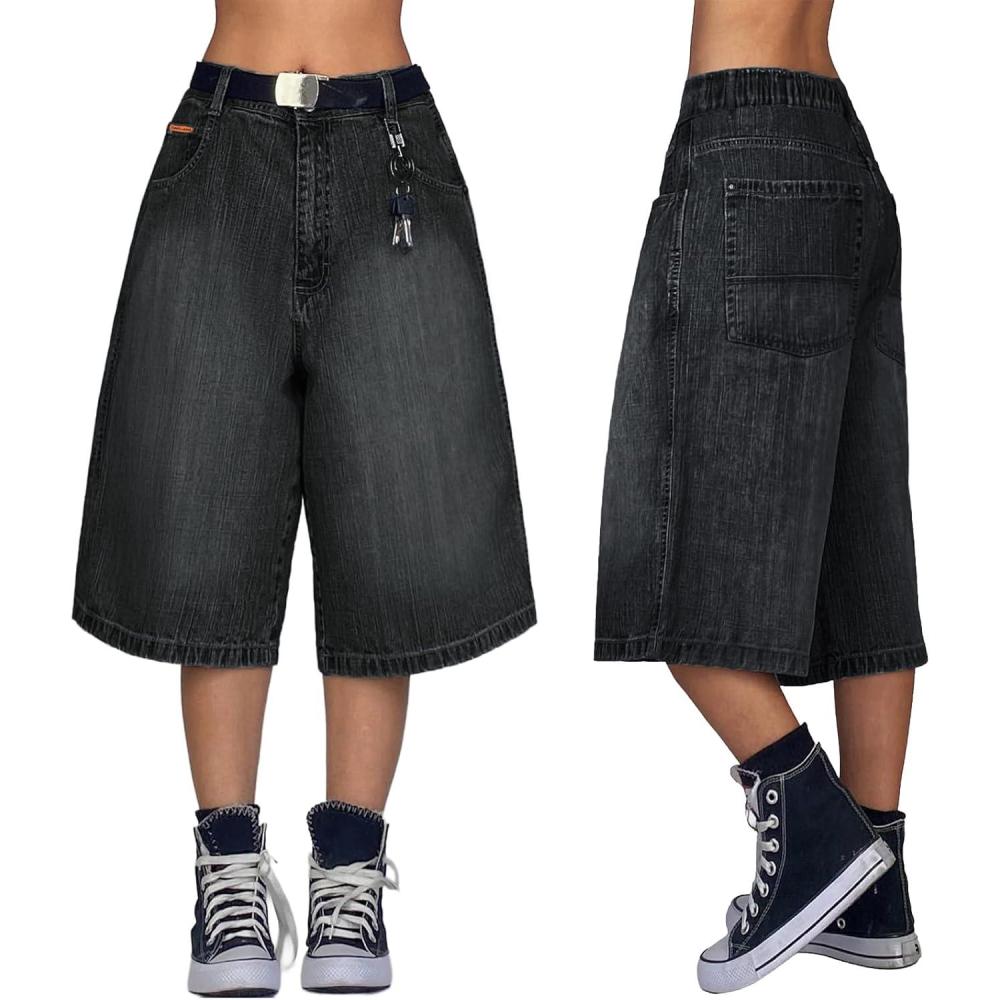 image:imageEMMIOL Baggy Jorts for Women Wide Leg Denim Shorts Y2k Elastic Waist Bermuda Streetwear Boyfriend Jean Shorts with PocketsBlack
