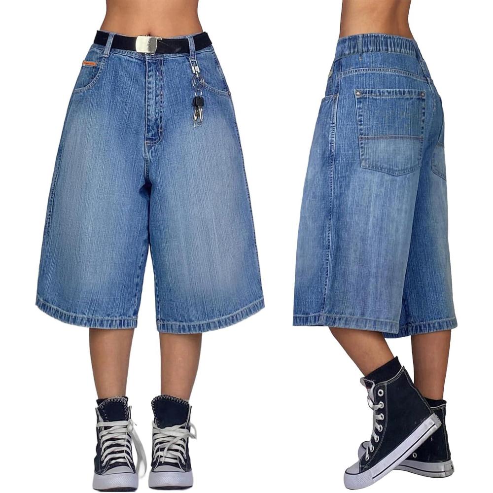 image:imageEMMIOL Baggy Jorts for Women Wide Leg Denim Shorts Y2k Elastic Waist Bermuda Streetwear Boyfriend Jean Shorts with PocketsLight Blue