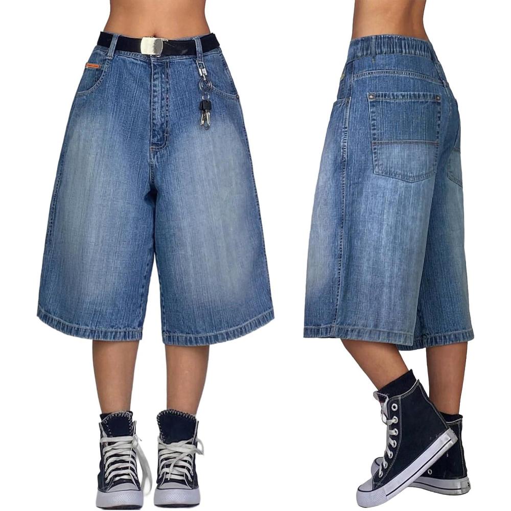 image:imageEMMIOL Baggy Jorts for Women Wide Leg Denim Shorts Y2k Elastic Waist Bermuda Streetwear Boyfriend Jean Shorts with PocketsMid Blue
