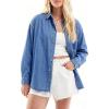 EMMIOL Denim Shirt Women Button Down Long Sleeve Denim Blouse 2026 Hidden Button Jean Shirt Oversized Casual Tops(Mid Blue)