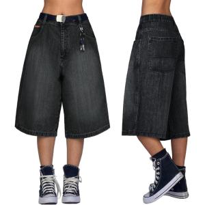 EMMIOL Baggy Jorts for Women Wide Leg Denim Shorts Y2k Elastic Waist Bermuda Streetwear Boyfriend Jean Shorts with Pockets(Black)