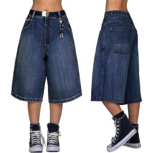 EMMIOL Baggy Jorts for Women Wide Leg Denim Shorts Y2k Elastic Waist Bermuda Streetwear Boyfriend Jean Shorts with Pockets(Dark Blue)