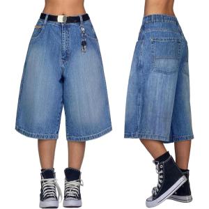 EMMIOL Baggy Jorts for Women Wide Leg Denim Shorts Y2k Elastic Waist Bermuda Streetwear Boyfriend Jean Shorts with Pockets(Light Blue)