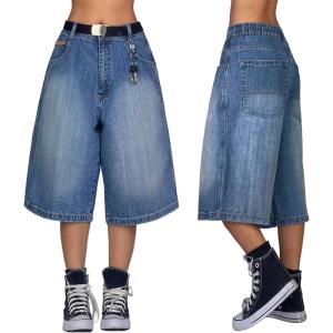 EMMIOL Baggy Jorts for Women Wide Leg Denim Shorts Y2k Elastic Waist Bermuda Streetwear Boyfriend Jean Shorts with Pockets(Mid Blue)