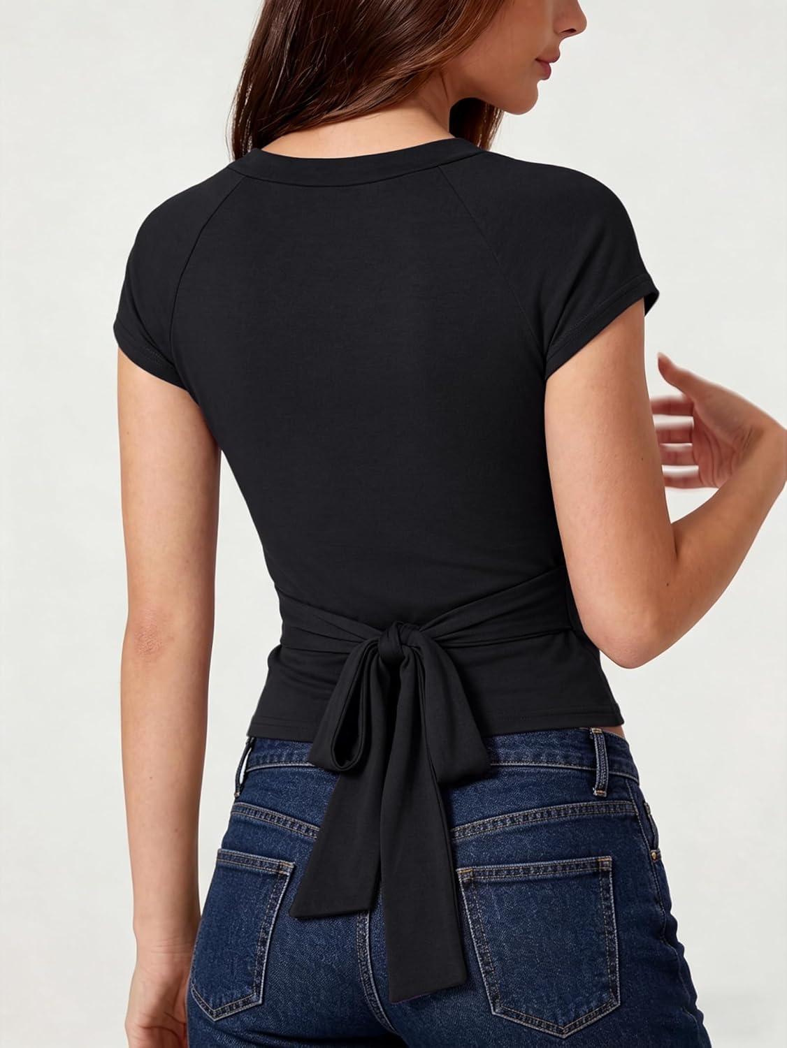 image:imageEMMIOL Sexy V Neck T Shirts for Women Short Sleeve Slim Fit Bow Bandage Cute Crop Tops Y2k 2026 Summer Going Out ClothesBlack Bow Bandage