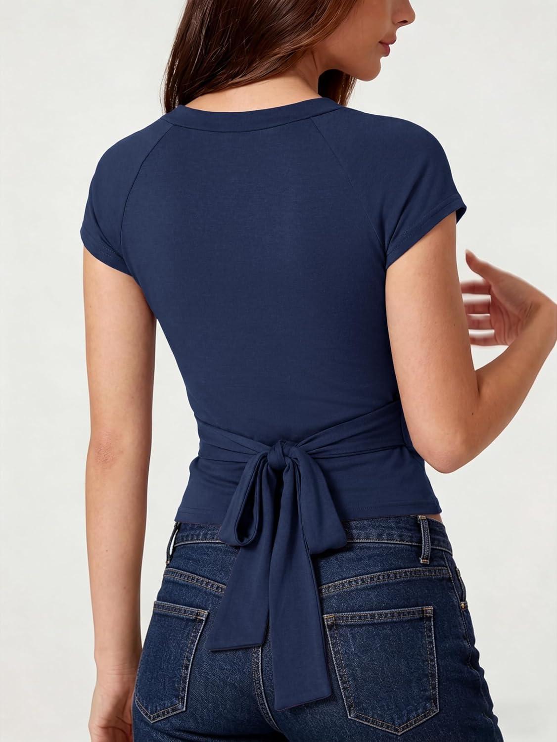 image:imageEMMIOL Sexy V Neck T Shirts for Women Short Sleeve Slim Fit Bow Bandage Cute Crop Tops Y2k 2026 Summer Going Out ClothesDark Blue Bow Bandage