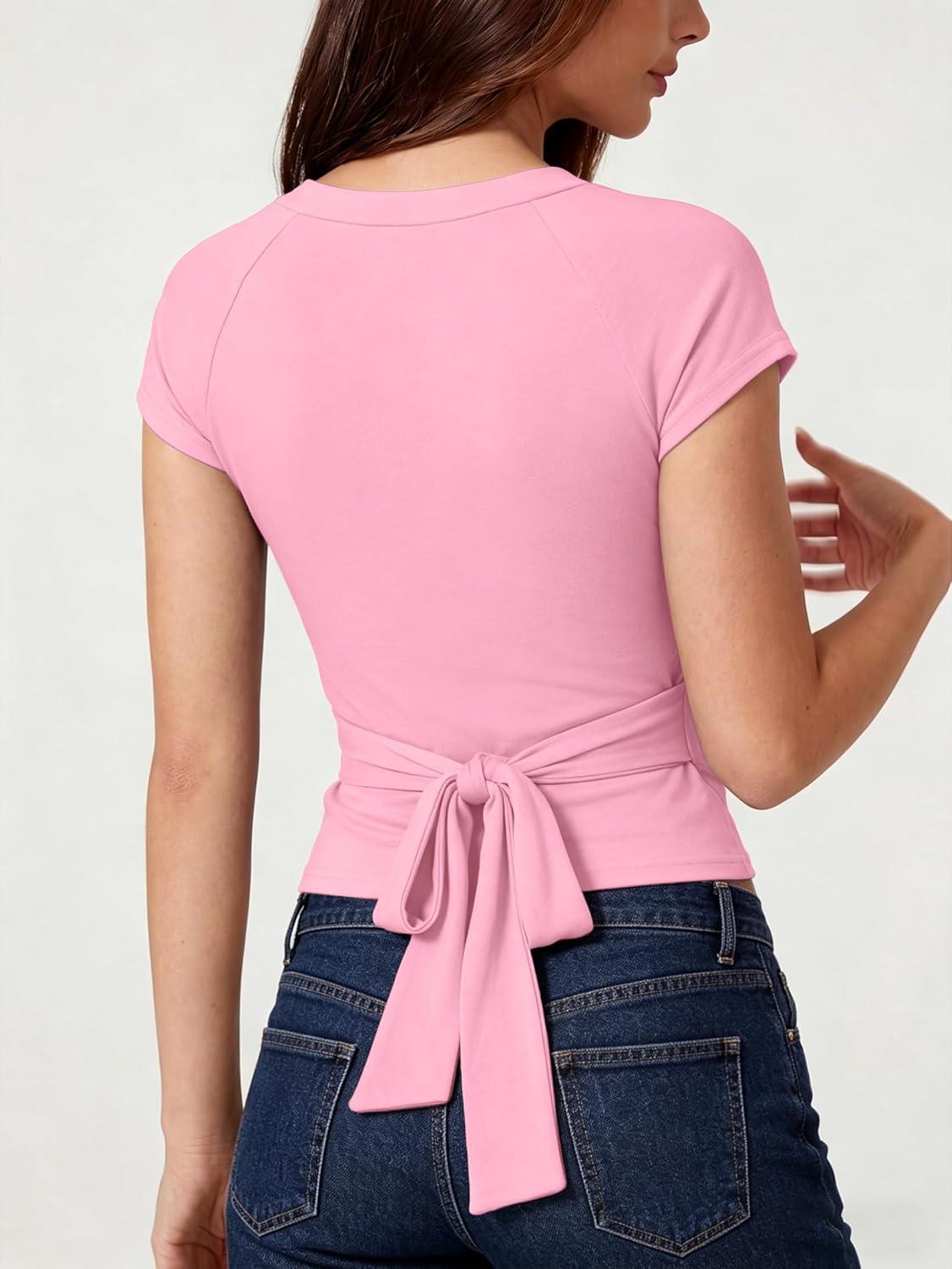 image:imageEMMIOL Sexy V Neck T Shirts for Women Short Sleeve Slim Fit Bow Bandage Cute Crop Tops Y2k 2026 Summer Going Out ClothesPink Bow Bandage